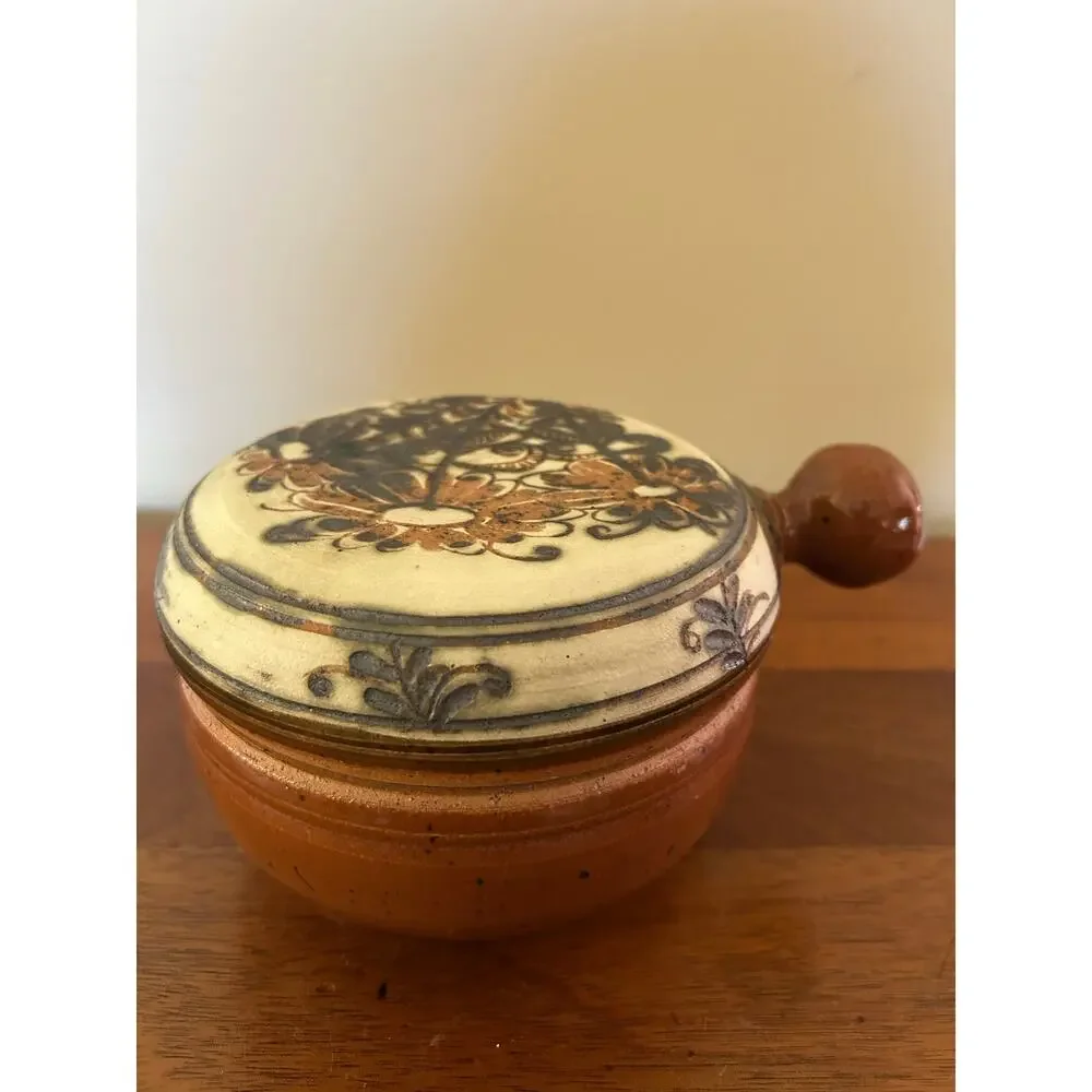 Handmade Terra Cotta Lidded Casserole Dish, Hand Painted Floral Lid